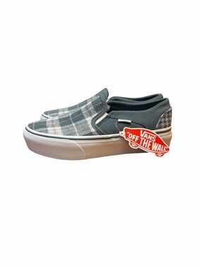 Vans Women's Gray and White Plaid Slip-On Sneakers